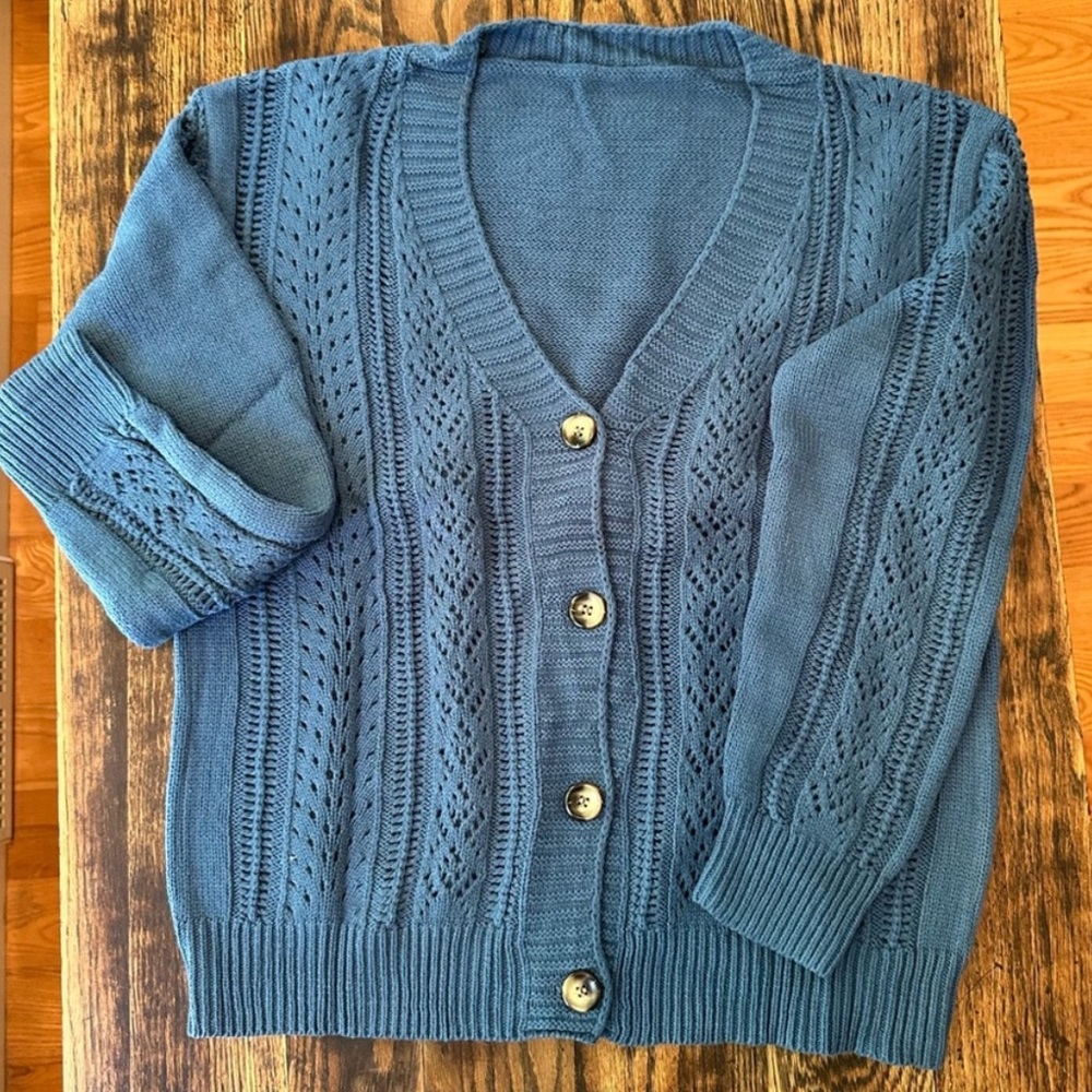 Open Knit Drop Shoulder Cardigan in Teal Size Medium - Picture 3 of 10